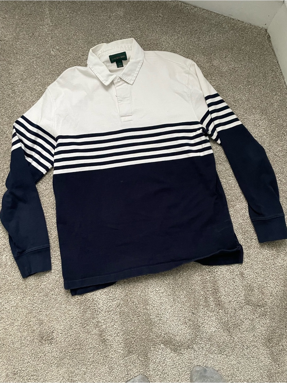 J. Crew Navy and White Horizontal-Stripe Rugby Polo